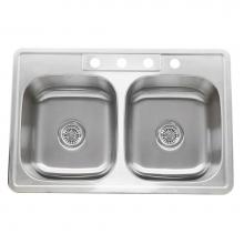 Nantucket Sinks NS3322-DE-8 - NS3322-DE - 33 Inch Double Bowl Equal Self Rimming Stainless Steel Drop In Kitchen Sink, 18 Gauge