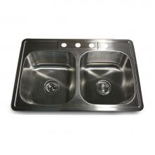 Nantucket Sinks NS3322-DE-9 - NS3322-DE - 33 Inch Double Bowl Equal Self Rimming Stainless Steel Drop In Kitchen Sink, 18 Gauge