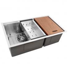 Nantucket Sinks SR-PS-3219-OS-16 - Offset Double Bowl Prep Station Small Radius Undermount Stainless Sink with Accessories