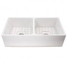 Nantucket Sinks T-FCFS36-DBL - 36 Inch Double Bowl Farmhouse Fireclay Sink with Drains and Grids