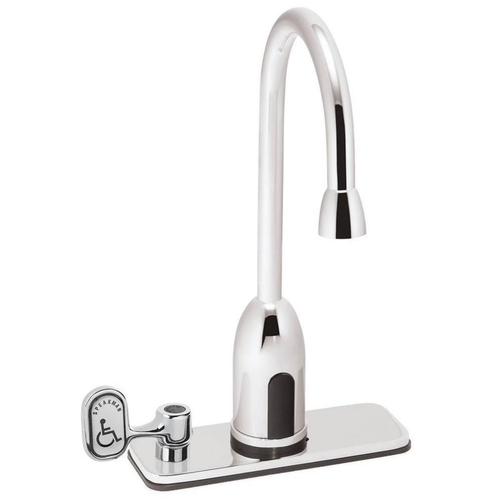 SensorFlo Gooseneck S-9117-CA-E Battery Powered Sensor Faucet with 4 In. Deck Plate and Manual Ove