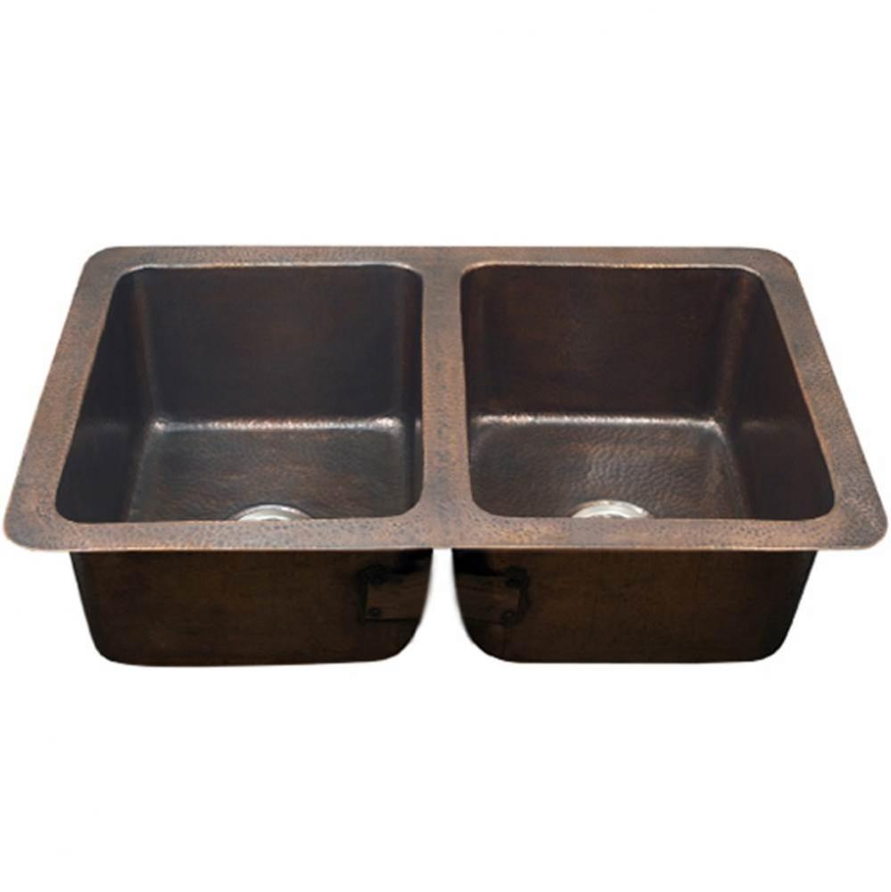 Undermount Copper 50/50 Double Bowl Kitchen Sink, Antique Copper