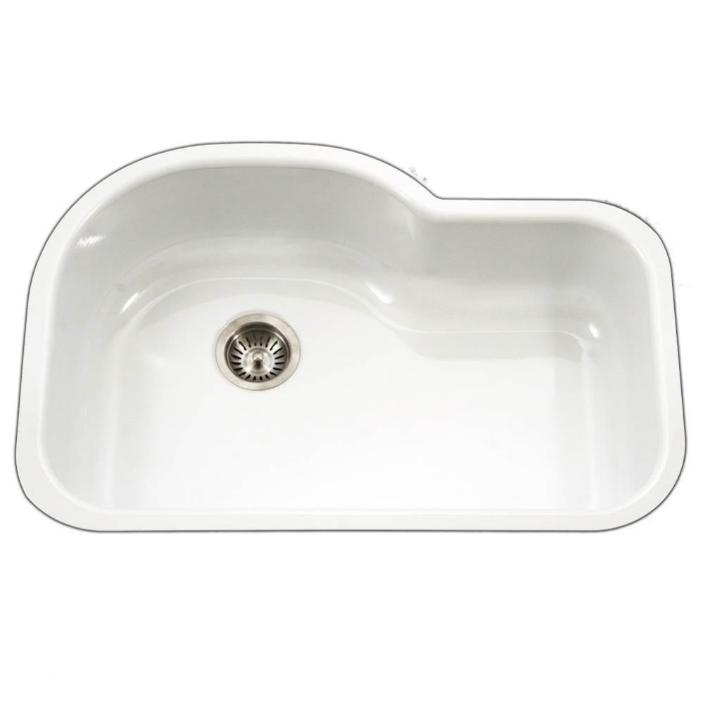 Enamel Steel Undermount Offset Single Bowl Kitchen Sink, White 