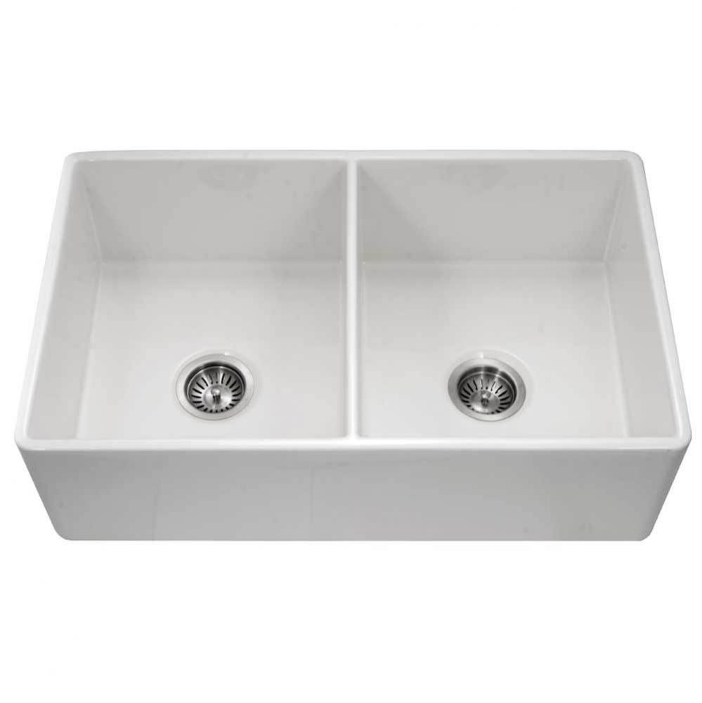 Apron-Front Fireclay Double Bowl Kitchen Sink, White