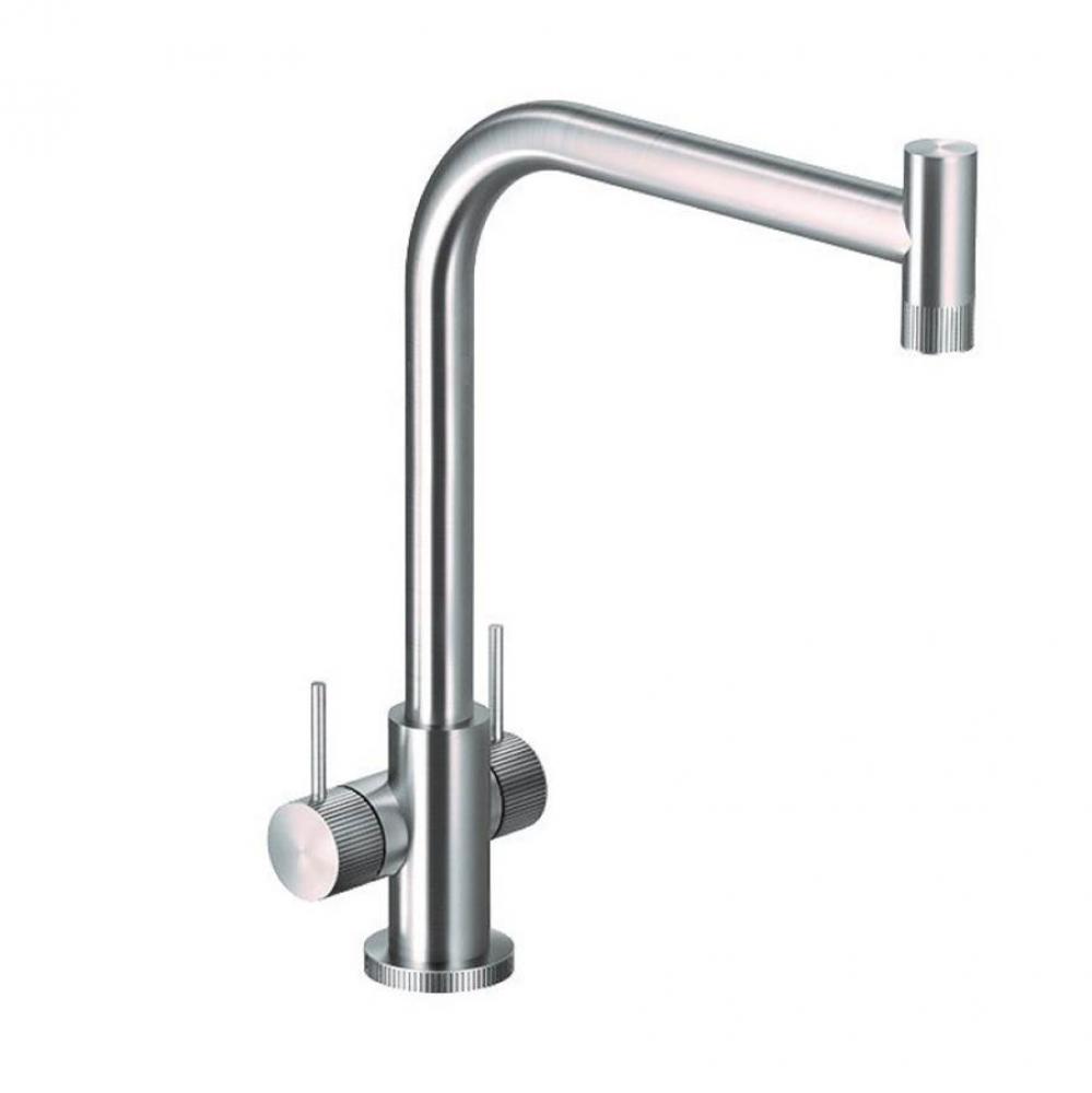Contemprary Dual Handle Kitchen Faucet in Brushed Stainless Steel, less sidepsray
