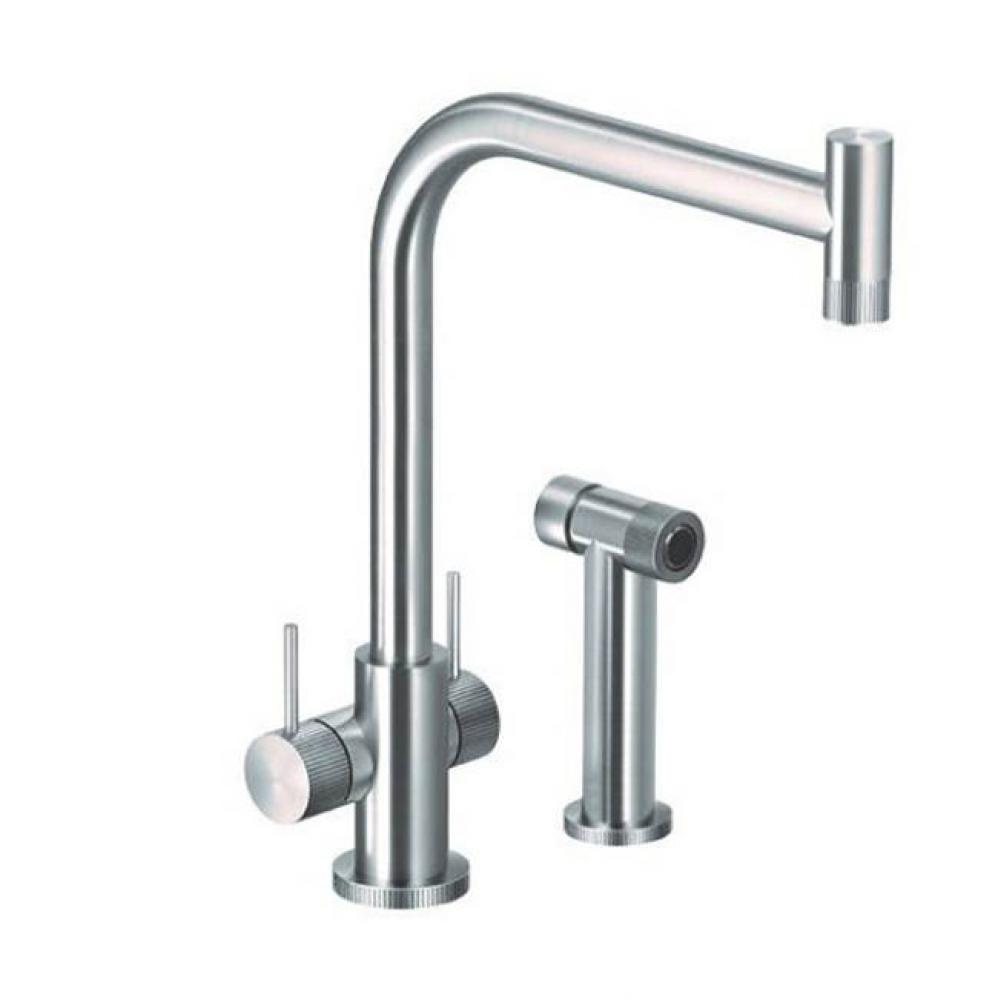 Knob Contemporary Dual Kitchen Faucet in Brushed Stainless Steel with sidepray