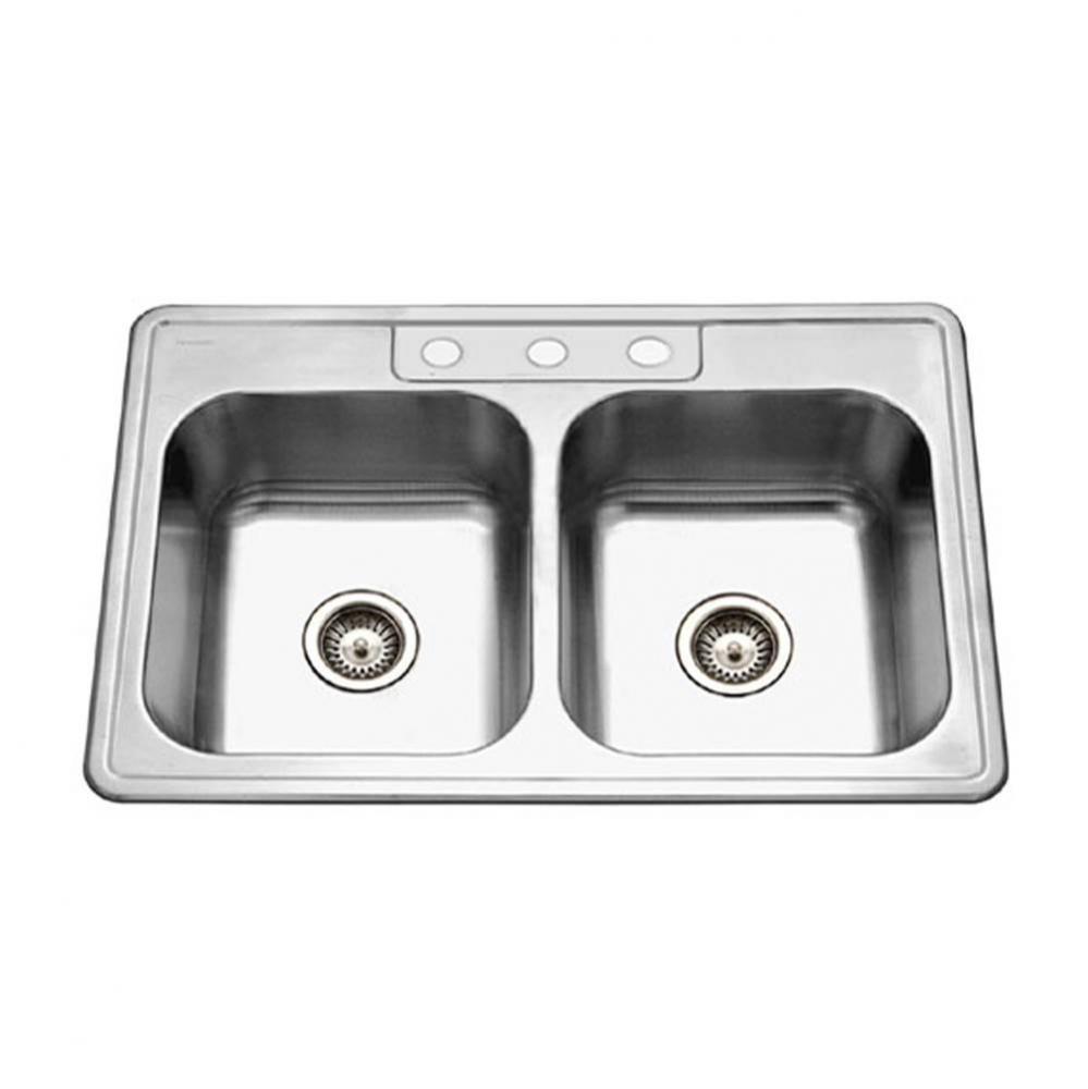 Topmount Stainless Steel 3-hole 50/50 Double Bowl Kitchen Sink, 8'' Deep