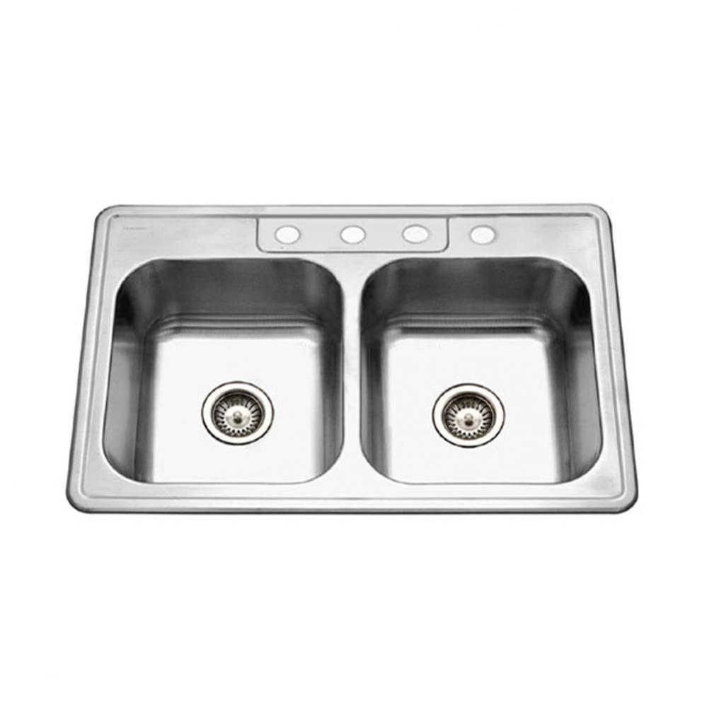 Topmount Stainless Steel 4-hole 50/50 Double Bowl Kitchen Sink, 8'' Deep