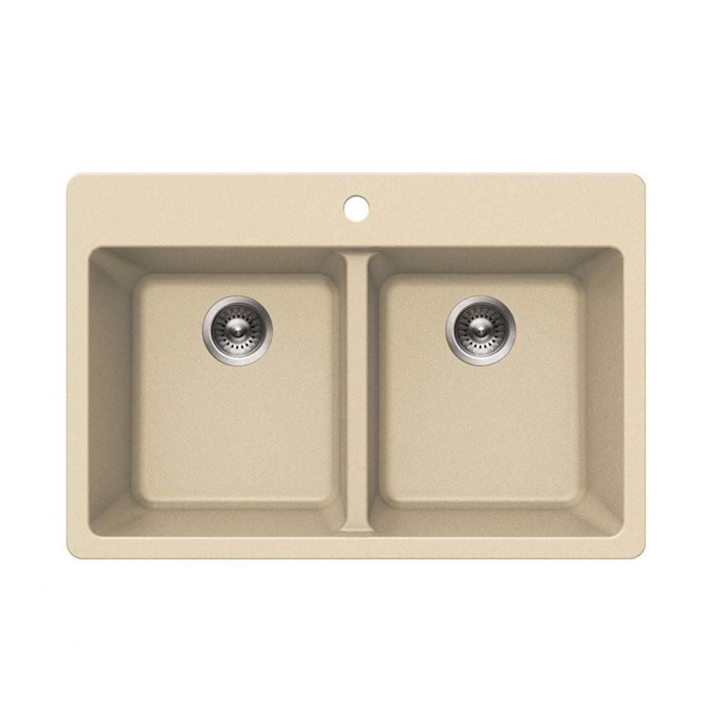 SiOStone 33'' Granite Topmount 50/50 Double Bowl Kitchen Sink, Sand