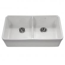 Hamat CHE-3218DLU-WH - Apron-Front Fireclay Double Bowl Kitchen Sink,