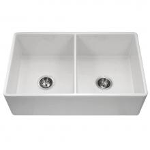 Hamat CHE-3320DHA-WH - Apron-Front Fireclay Double Bowl Kitchen Sink, White