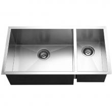 Hamat PRI-3318DR - Undermount Stainless Steel 70/30 Double Bowl Kitchen Sink, Prep bowl Right