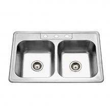 Hamat REV-3322DT-8-3-20 - Topmount Stainless Steel 3-hole 50/50 Double Bowl Kitchen Sink, 8'' Deep