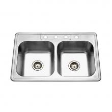 Hamat REV-3322DT-8-4-20 - Topmount Stainless Steel 4-hole 50/50 Double Bowl Kitchen Sink, 8'' Deep