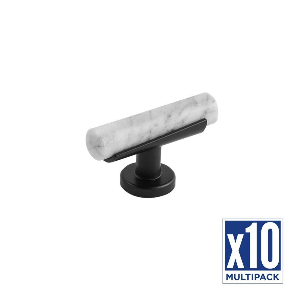 Firenze Collection T-Knob 2-1/2 Inch x 1 Inch White Marble with Matte Black Finish (10 Pack)