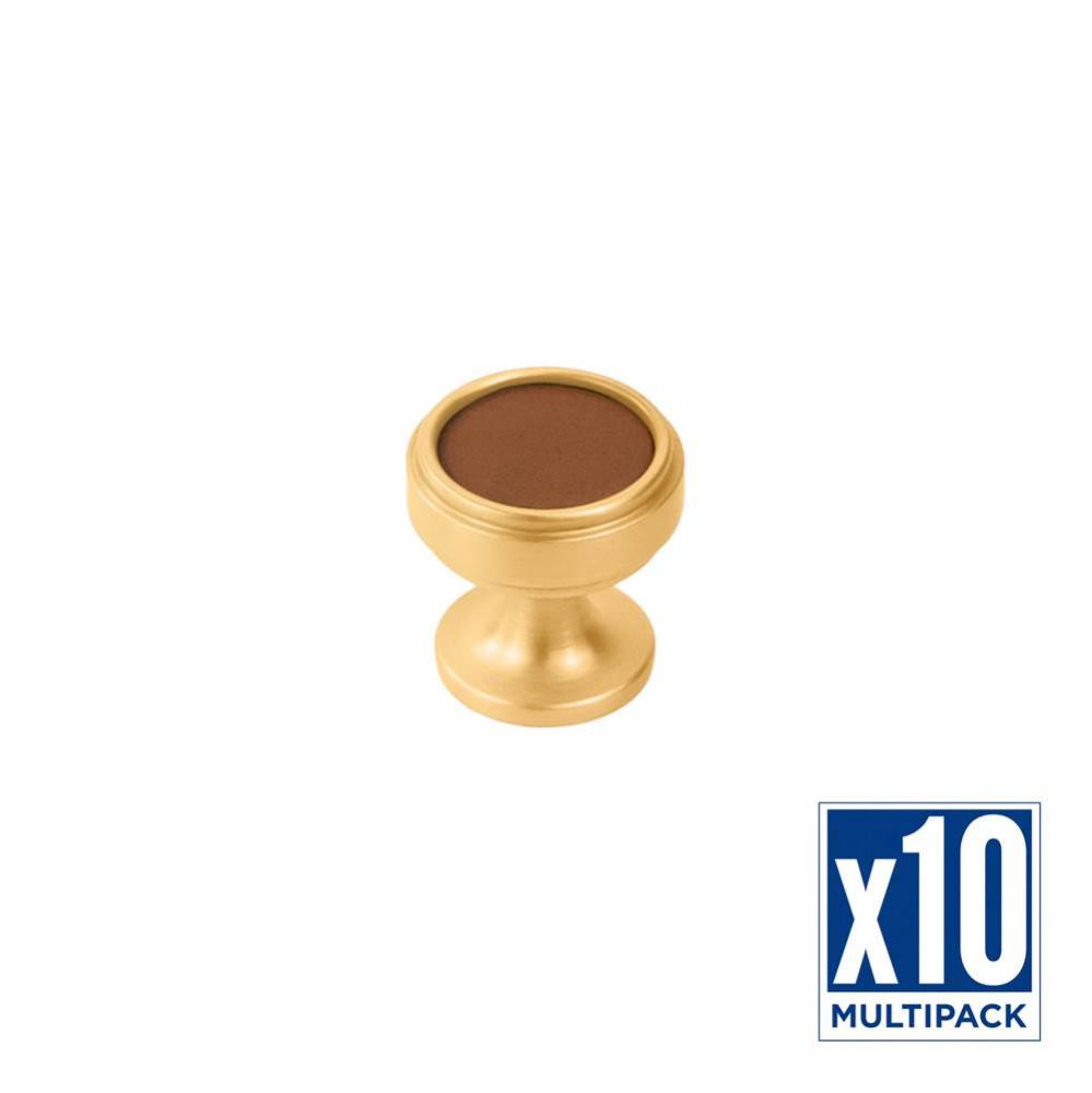 Reserve Collection Knob 1-1/4 Inch Diameter Brushed Golden Brass with Brown Leather Finish (10 Pac