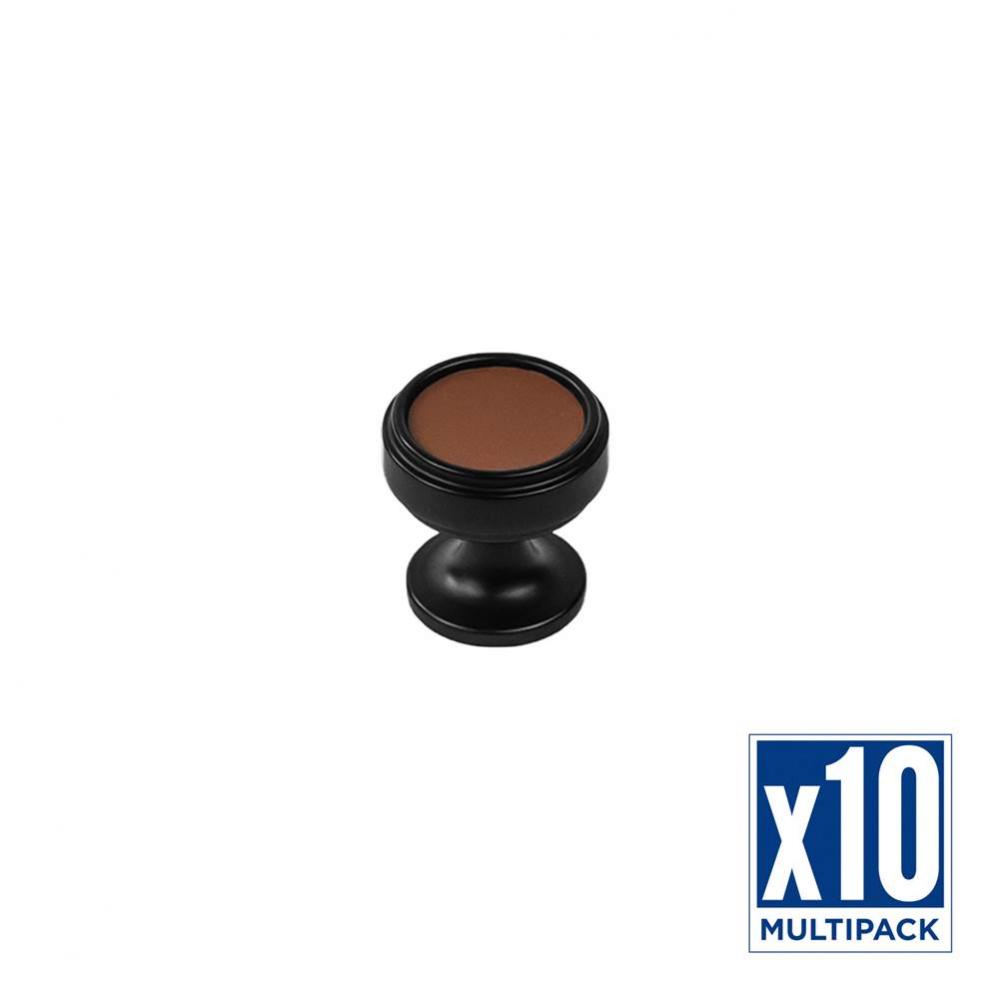 Reserve Collection Knob 1-1/4 Inch Diameter Matte Black with Brown Leather Finish (10 Pack)