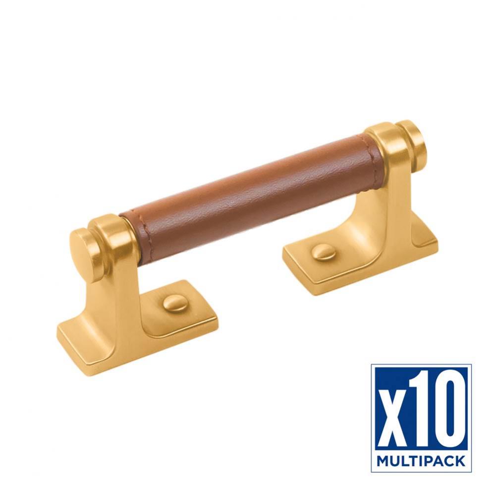 Reserve Collection Pull 3 Inch Center to Center Brushed Golden Brass with Brown Leather Finish (10