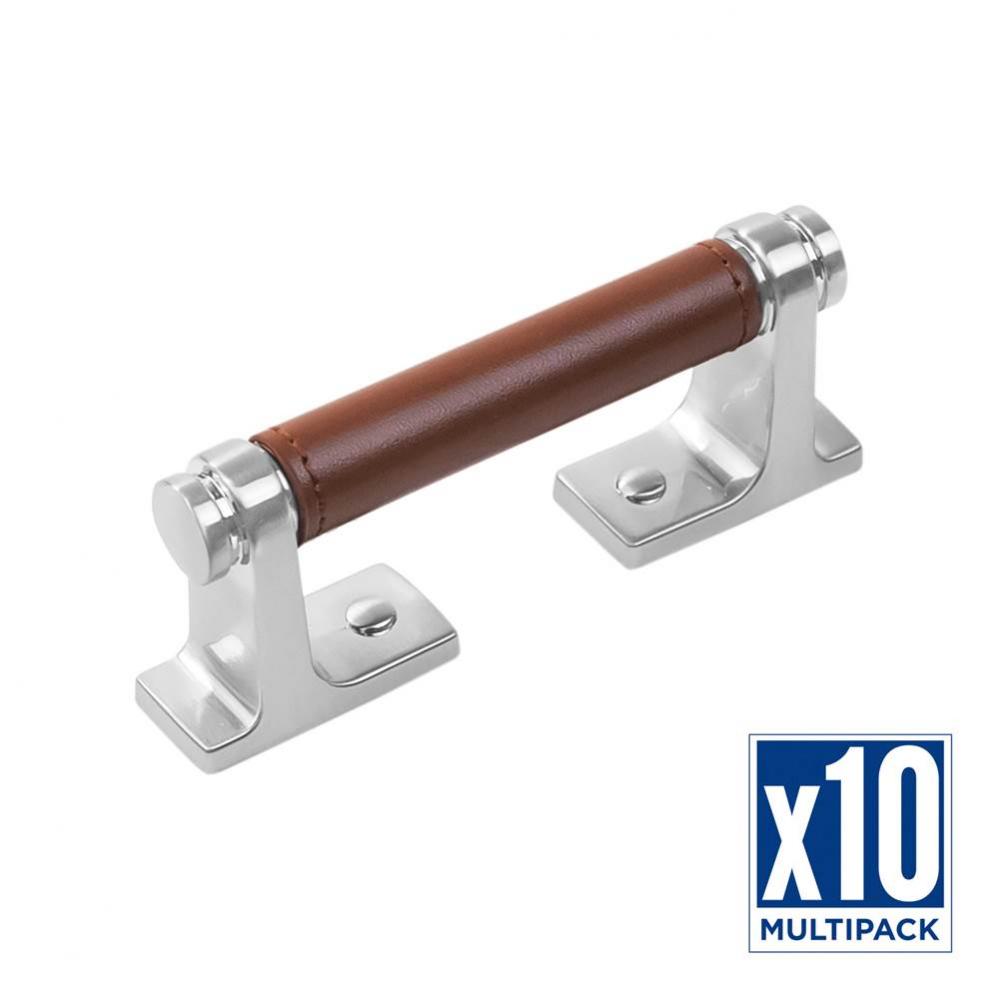 Reserve Collection Pull 3 Inch Center to Center Satin Nickel with Brown Leather Finish (10 Pack)