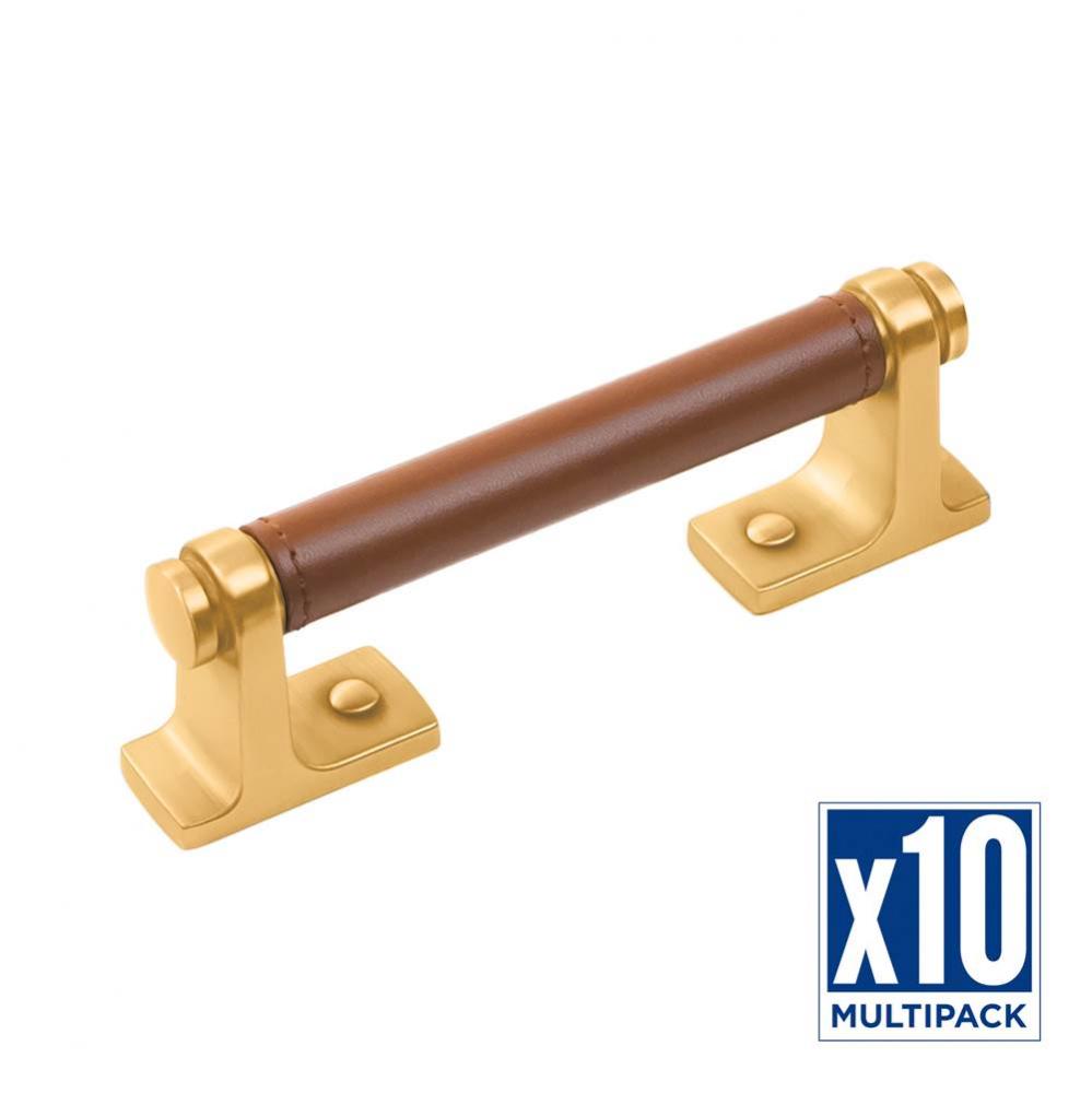 Reserve Collection Pull 3-3/4 Inch (96mm) Center to Center Brushed Golden Brass with Brown Leather