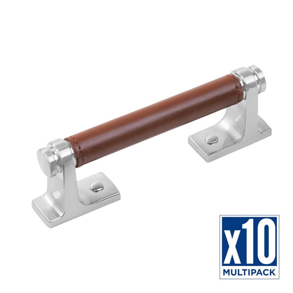 Reserve Collection Pull 3-3/4 Inch (96mm) Center to Center Satin Nickel with Brown Leather Finish