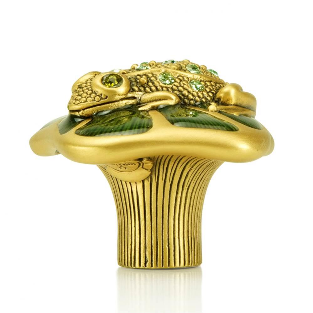 Frog Knob; Watercress With Peridot Crystal With Olivine Eyes Museum Gold Finish