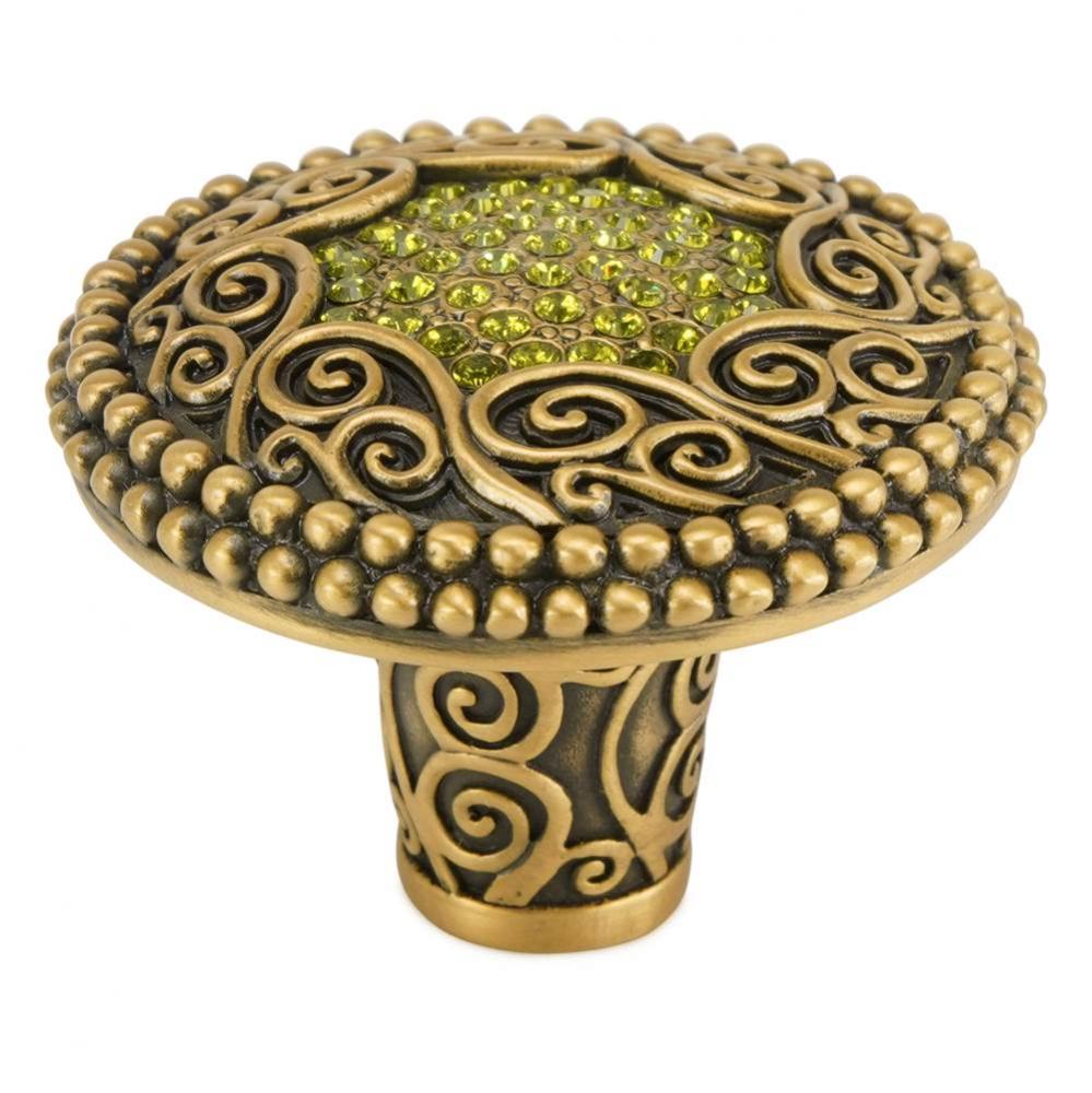 Deco 1-5/8'' Knob Decorated With Olivine Swarovski Crystals In Museum Gold Plate