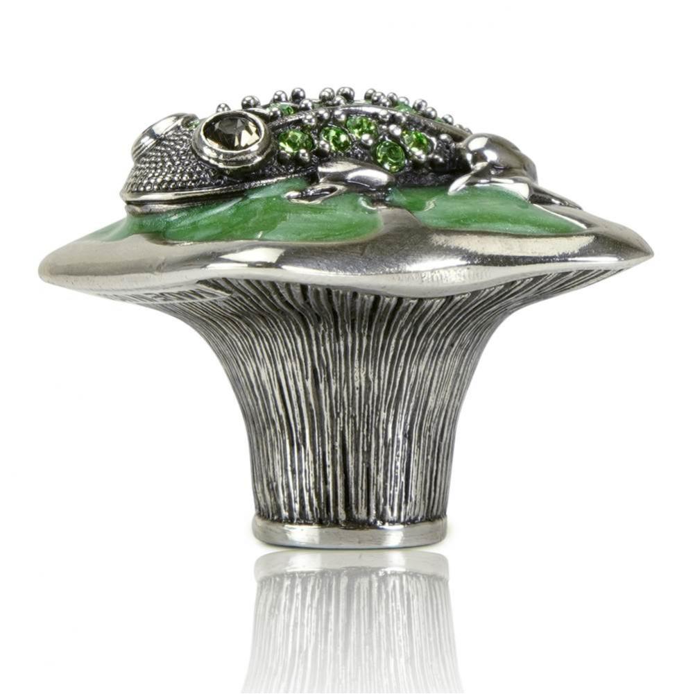 Frog Knob; Pearl Green With Peridot Green Crystal Burnish Silver Finish