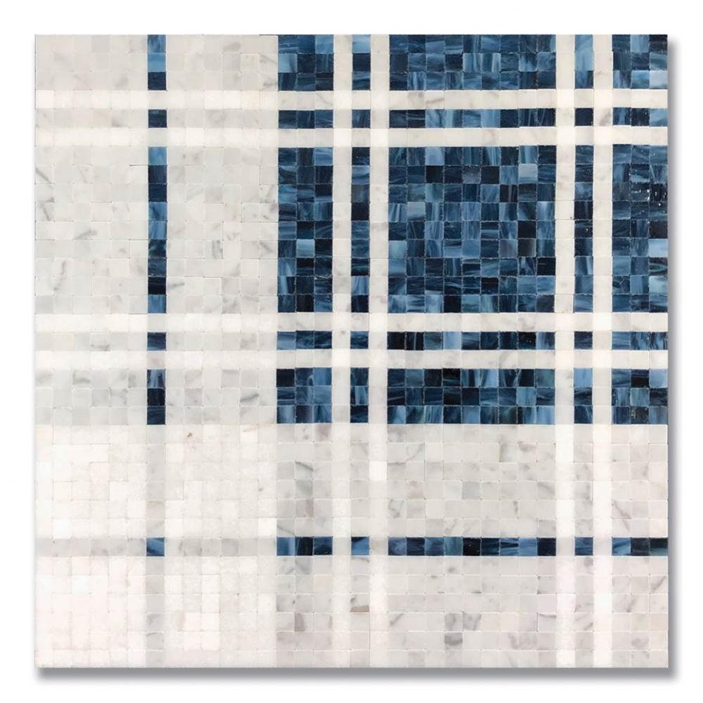 Balmoral Plaid Sapphire (G) Art Glass, Carrara (H), Thassos (H)