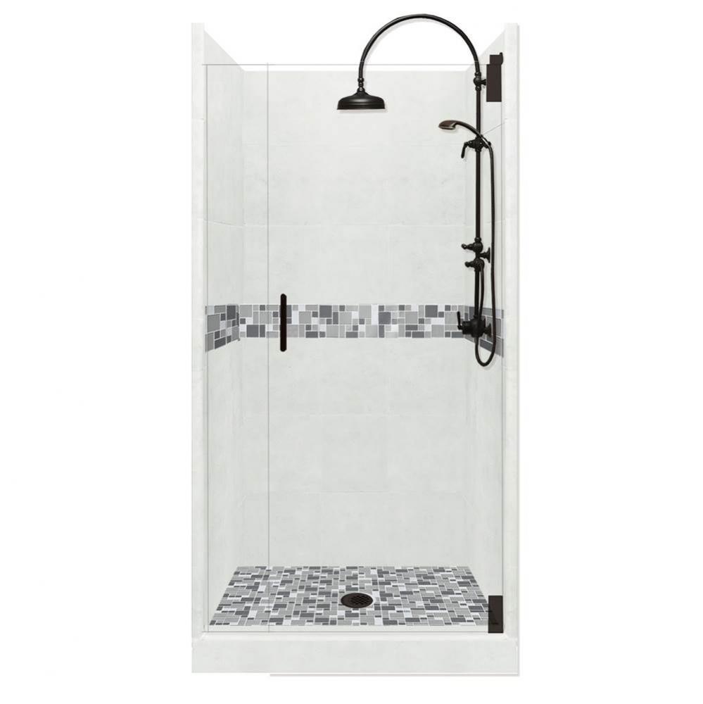 54 x 36 x 80 Newport Luxe Alcove Shower Kit in Natural Buff with Black Pipe Finish