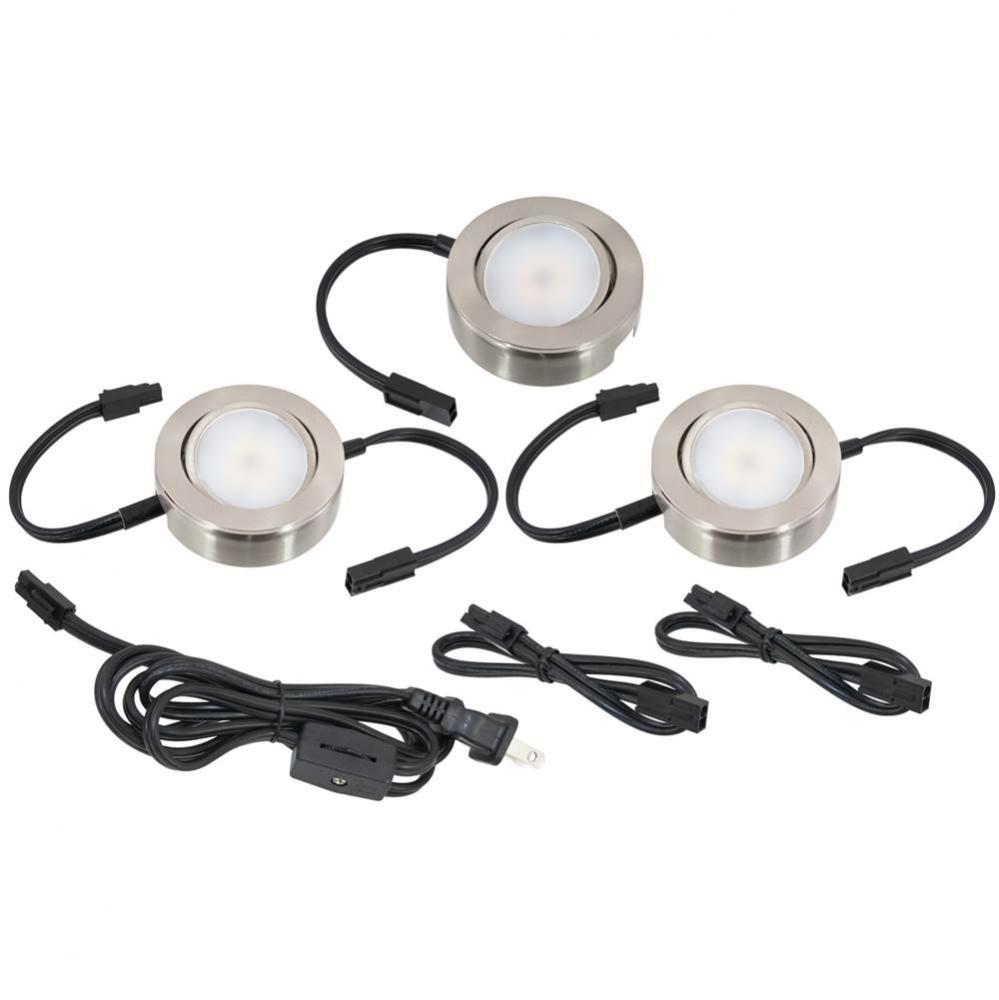 MVP LED Puck Light, 120 Volts, 4.3 Watts, 200 Lumens, Nickel, 3 Puck Kit with Roll Switch and 6