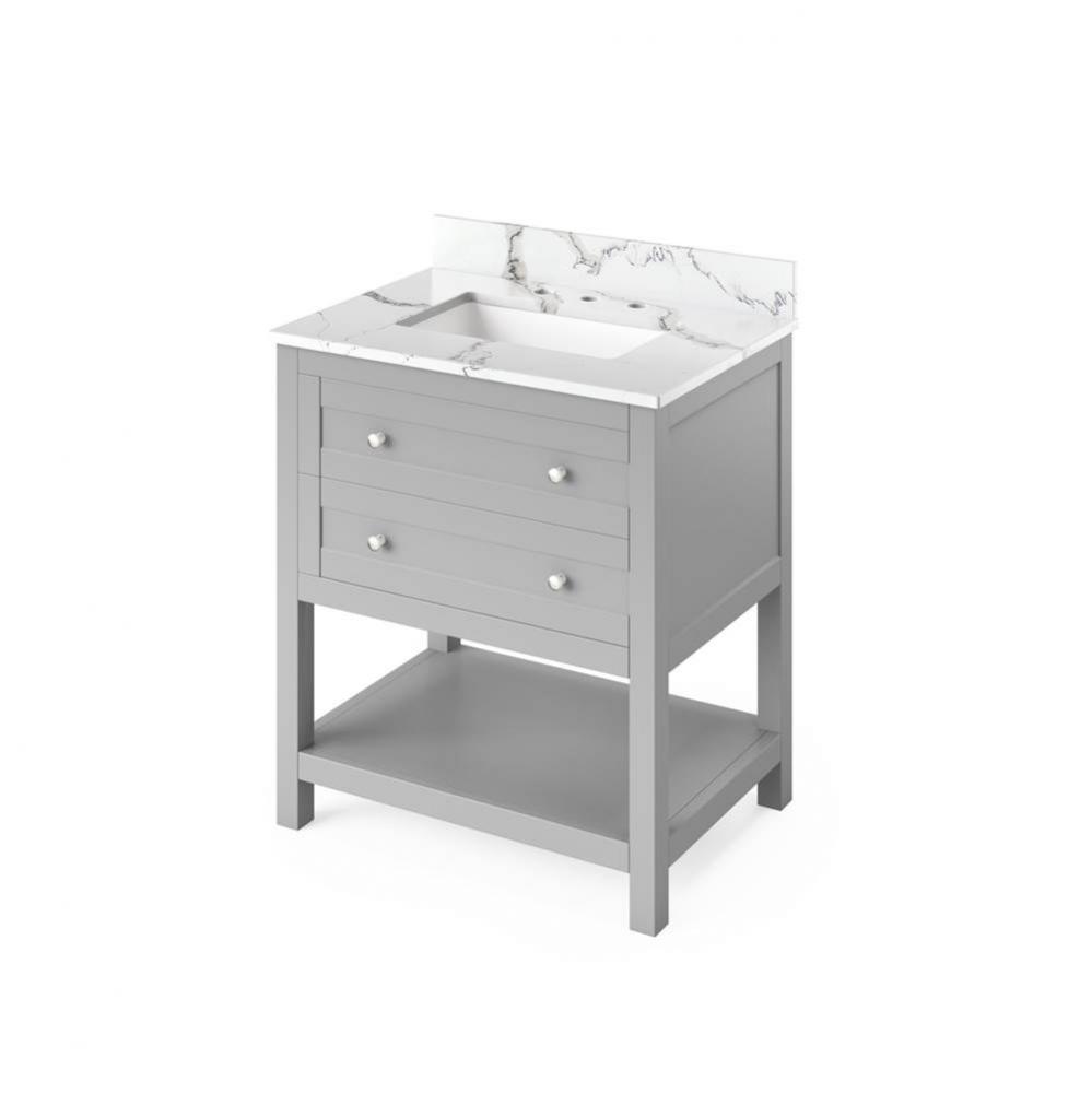 30'' Grey Astoria Vanity, Calacatta Vienna Quartz Vanity Top, undermount rectangle bowl