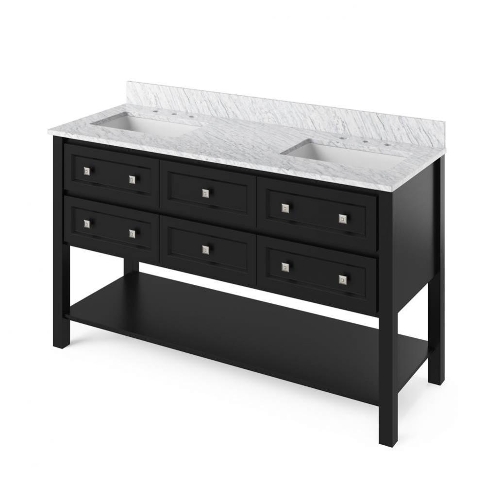 60'' Black Adler Vanity, double bowl, White Carrara Marble Vanity Top, two undermount re