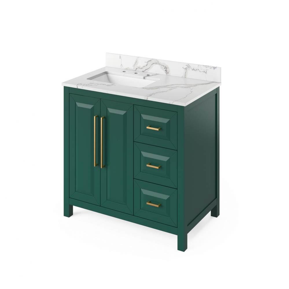 36'' Forest Green Cade Vanity, left offset, Calacatta Vienna Quartz Vanity Top, undermou