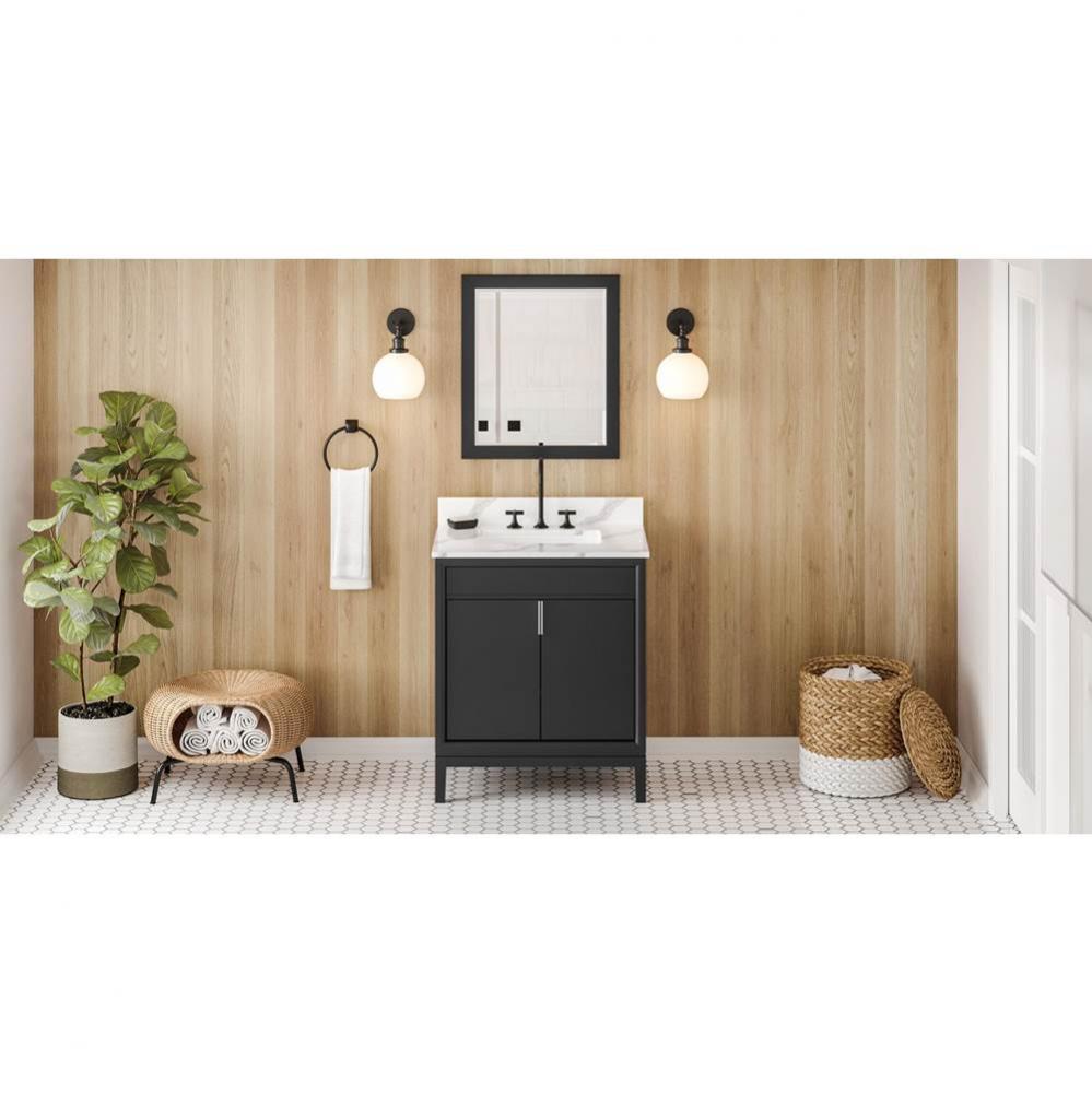 30'' Black Theodora Vanity, Calacatta Vienna Quartz Vanity Top, Undermount Rectangle Bow