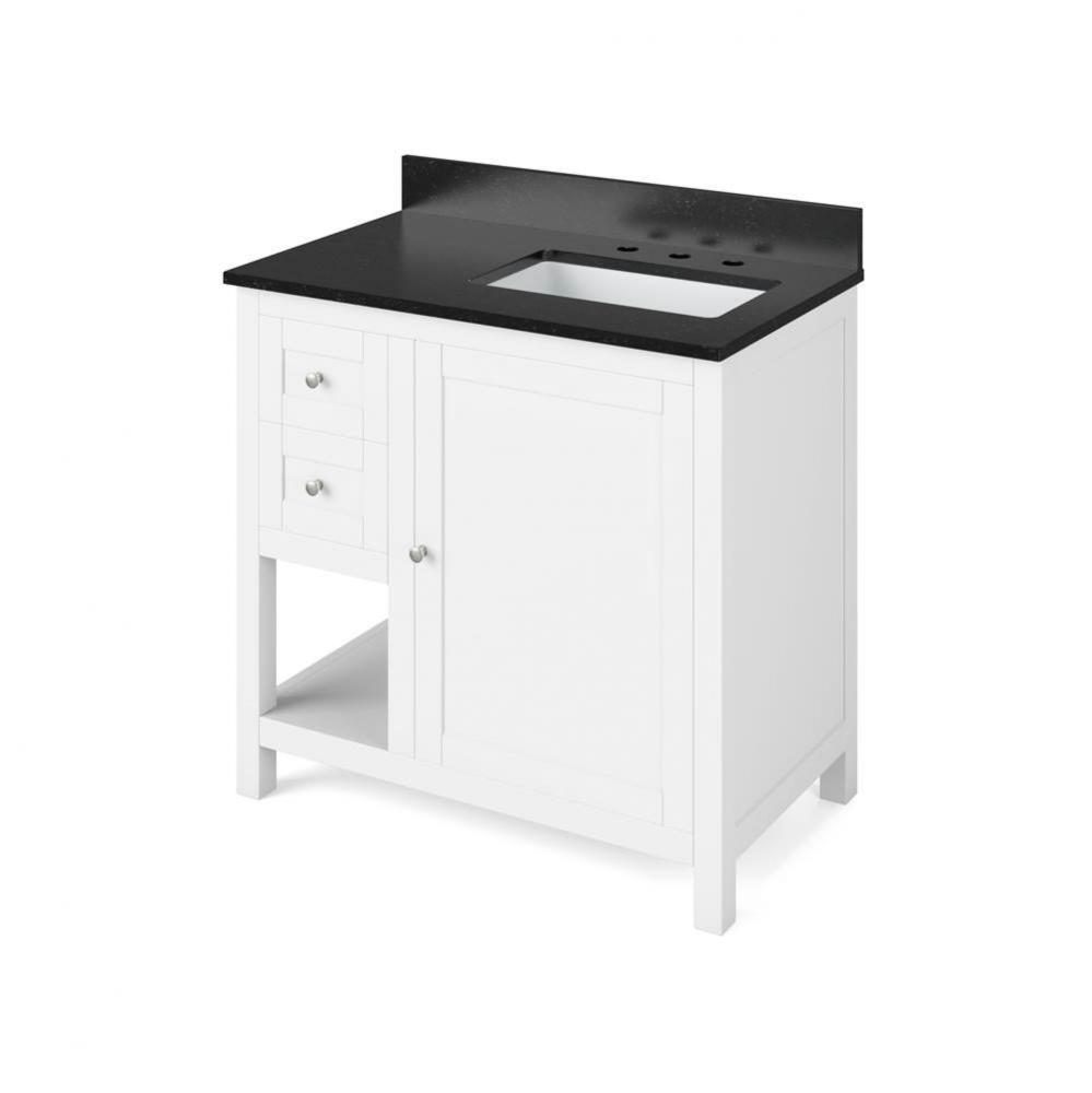 36'' White Astoria Vanity, right offset, Black Granite Vanity Top, undermount rectangle