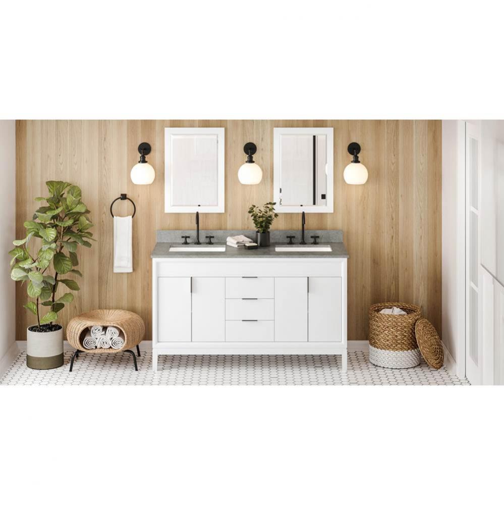 60'' White Theodora Vanity, Double Bowl, Steel Grey Cultured Marble Vanity Top, Two Unde