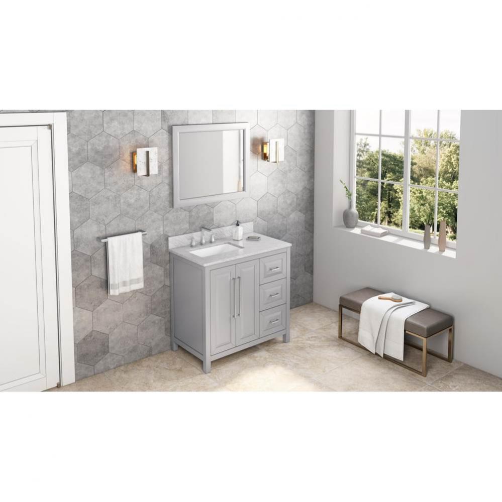 36'' Grey Cade Vanity, left offset, White Carrara Marble Vanity Top, undermount rectangl