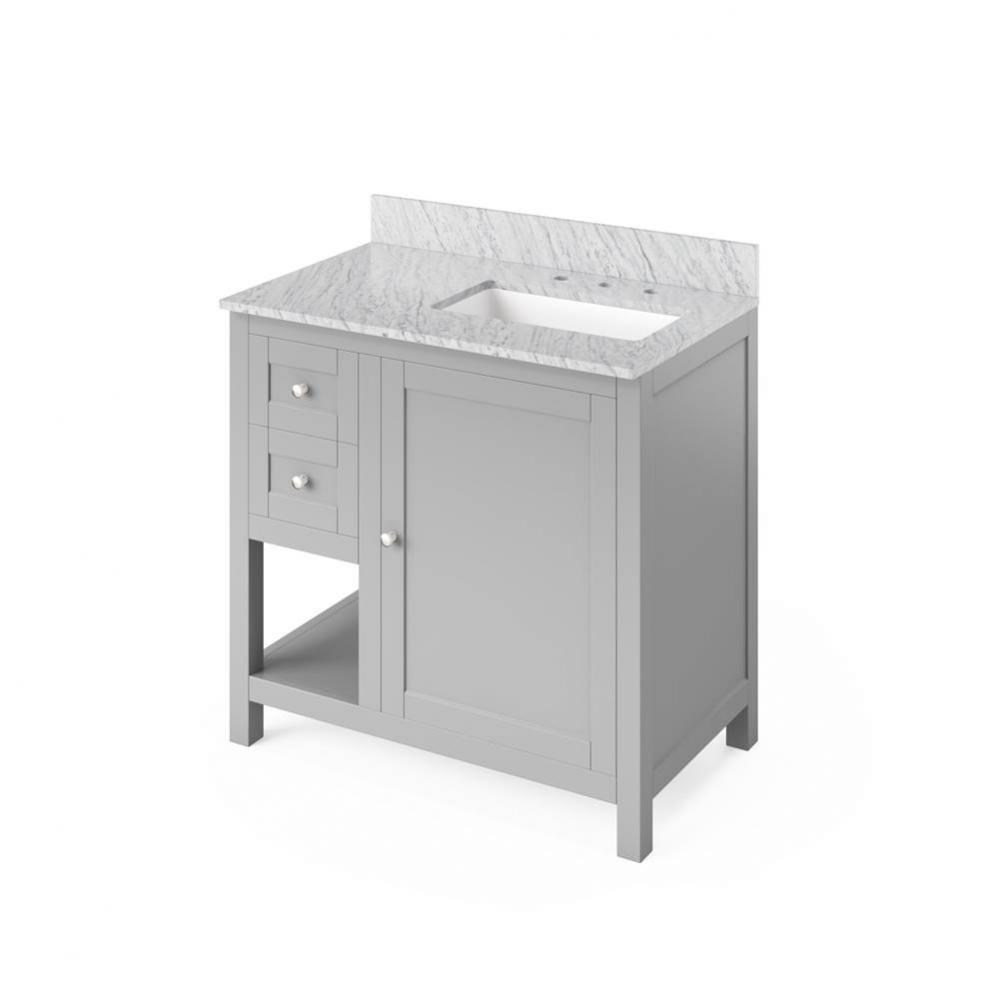 36'' Grey Astoria Vanity, right offset, White Carrara Marble Vanity Top, undermount rect