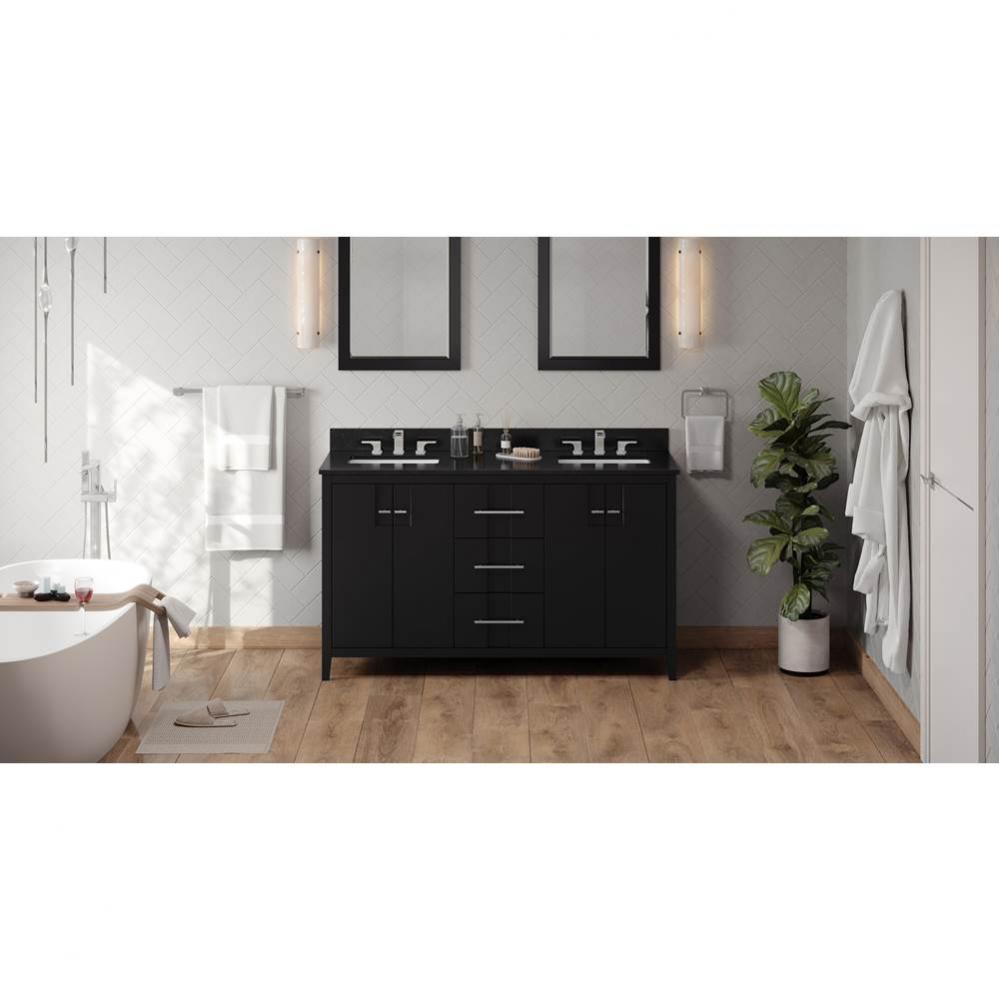 60'' Black Katara Vanity, Double Bowl, Black Granite Vanity Top, Two Undermount Rectangl