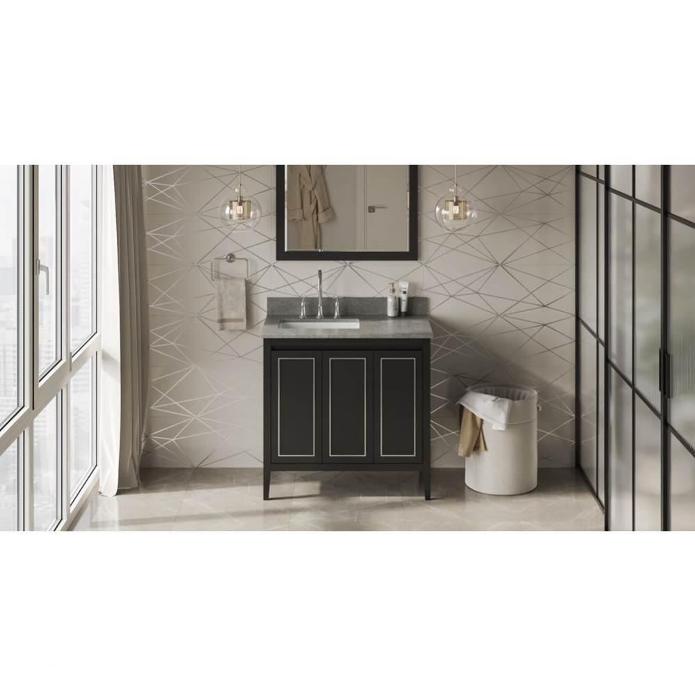 36'' Black Percival Vanity, Left Offset, Steel Grey Cultured Marble Vanity Top, Undermou