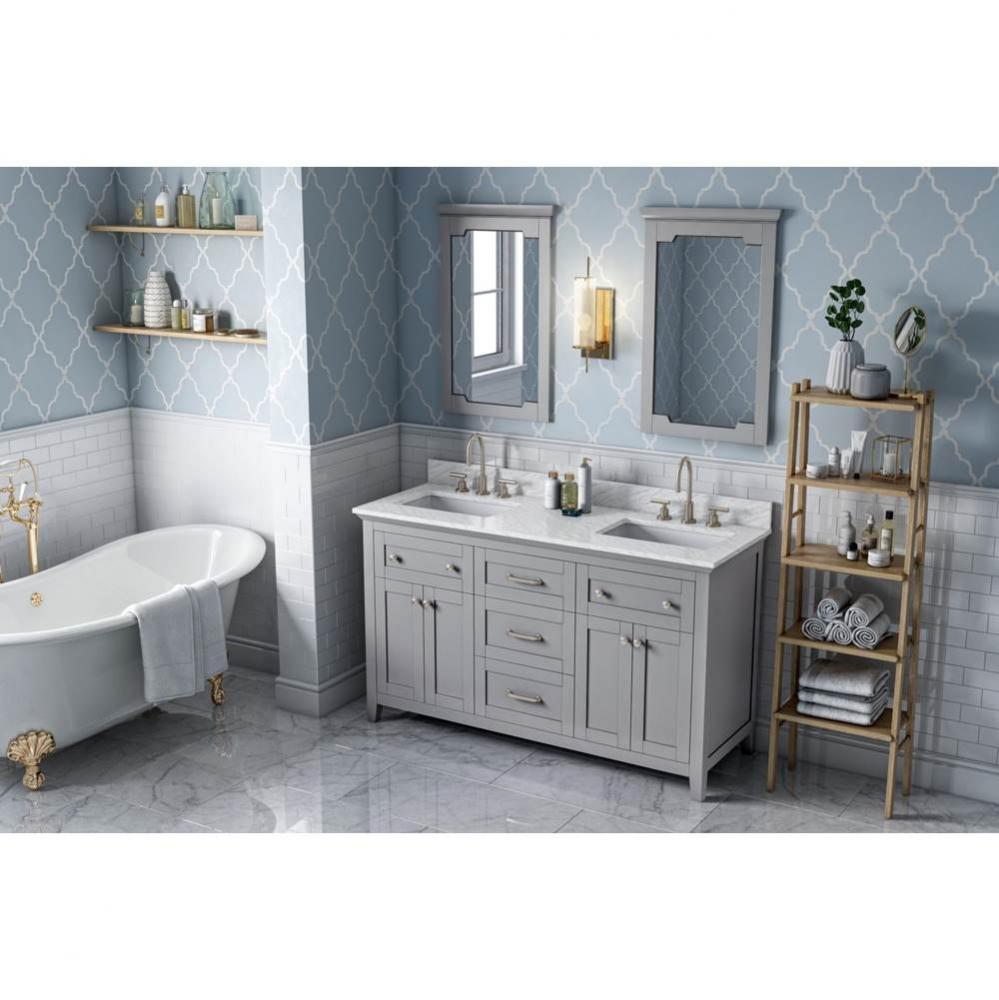 60'' Grey Chatham Vanity, double bowl, White Carrara Marble Vanity Top, two undermount r