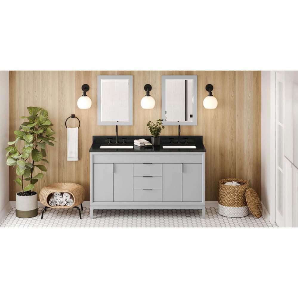 60'' Grey Theodora Vanity, Double Bowl, Black Granite Vanity Top, Two Undermount Rectang