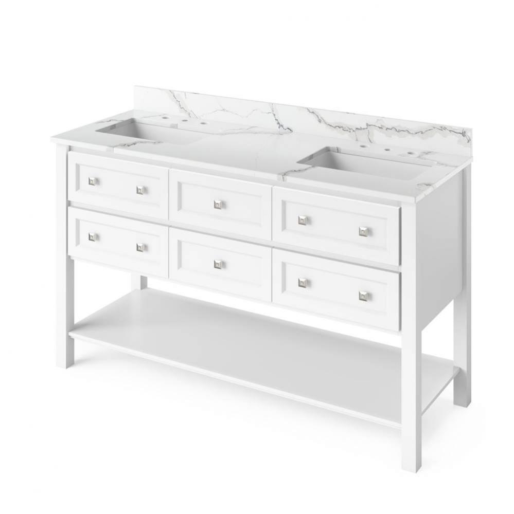 60'' White Adler Vanity, double bowl, Calacatta Vienna Quartz Vanity Top, two undermount