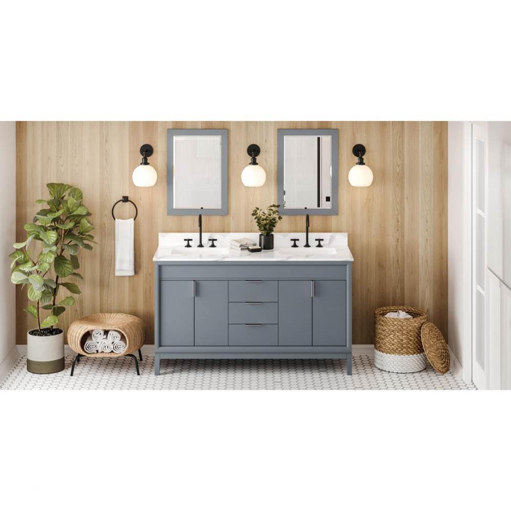 60'' Blue Steel Theodora Vanity, Double Bowl, Calacatta Vienna Quartz Vanity Top, Two Un