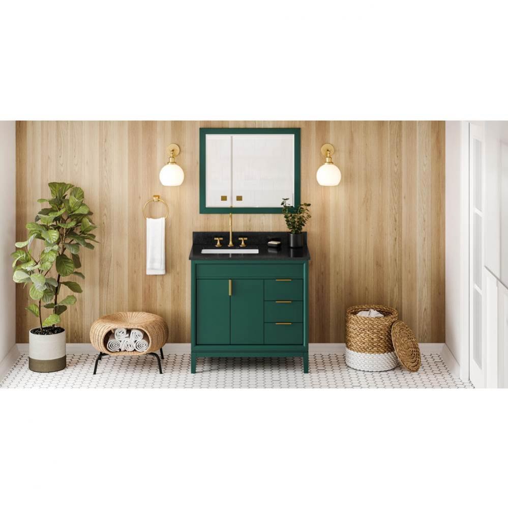 36'' Forest Green Theodora Vanity, Left Offset, Black Granite Vanity Top, Undermount Rec