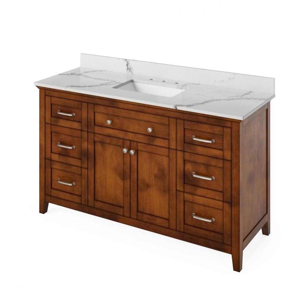 60'' Chocolate Chatham Vanity, Calacatta Vienna Quartz Vanity Top, undermount rectangle