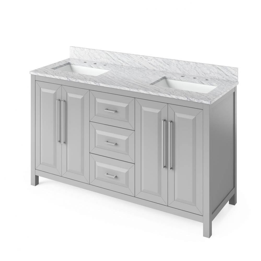 60'' Grey Cade Vanity, double bowl, White Carrara Marble Vanity Top, undermount rectangl