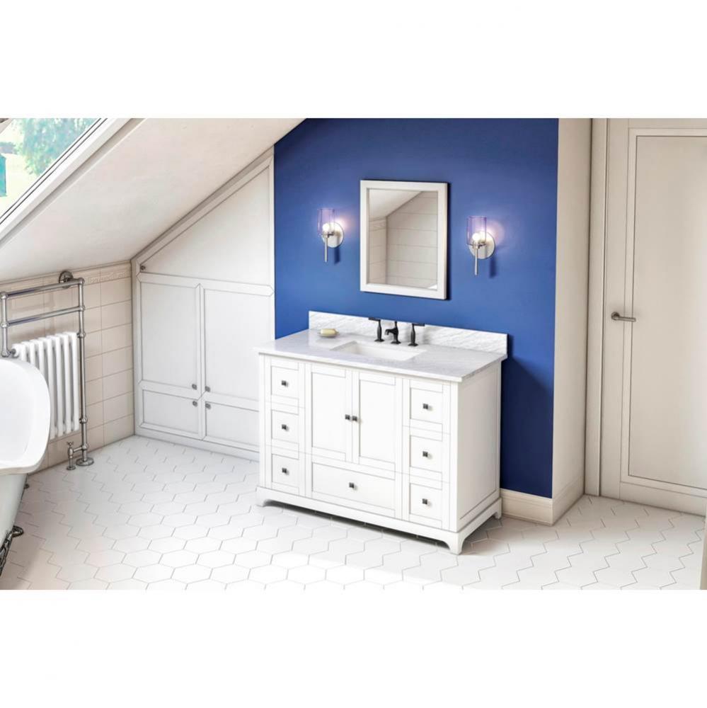 48'' White Addington Vanity, White Carrara Marble Vanity Top, undermount rectangle bowl