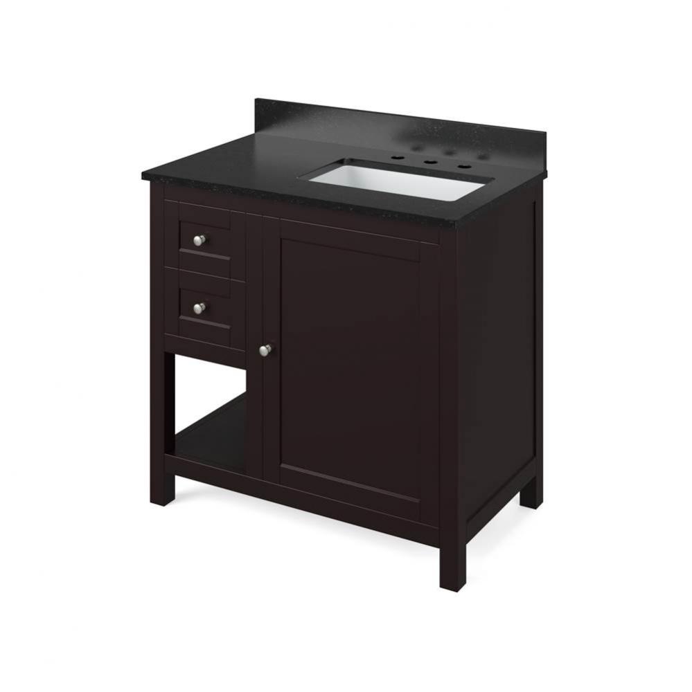36'' Espresso Astoria Vanity, right offset, Black Granite Vanity Top, undermount rectang